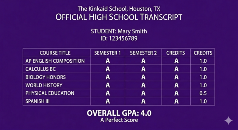 Kinkaid School, Perfect Student, 4.0GPA on high school transcript, Houston, Texas